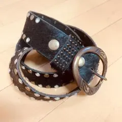 アンティークバックルベルト　ブラックハラコ× スタッズ×ビジュー