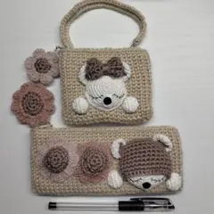 ハンドメイド毛糸ペンポーチ＆ミニポーチ　2点セット