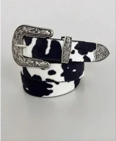 牛柄 デザイン レザーベルト シルバーバックル ウエスタンベルト