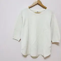 【ユニクロ】ワッフルクルーネックT（7分袖）　L　オフホワイト白系　こなれ感