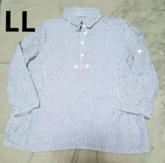 LL ブルー✕ホワイト ストライプ チュニック7部袖 シャツ ブラウス