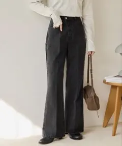 USコットンデニムセミフレアパンツ　ブラック　TM