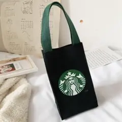 スタバ ミニバッグ 黒 巾着袋 ホルダー　水筒 ペットボトルカバー ボタン開閉