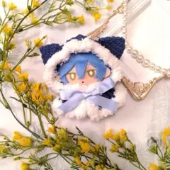 ぬい服(10〜12cm)手編みねこ耳ケープ　ジーンズブルー