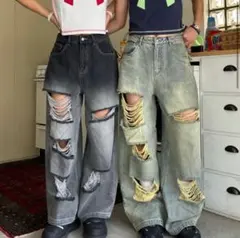 ダメージ加工ワイドレッグデニムパンツ