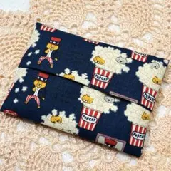 ハンドメイド　ポケットティッシュケース　ポップコーン猫　猫　ネイビー