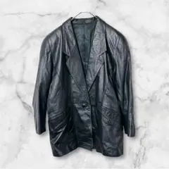 希少 牛皮革 本革 テーラードジャケット レザーコート 黒 ブラック 肩パッド