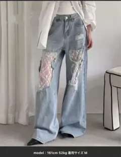 レースダメージデニムパンツ