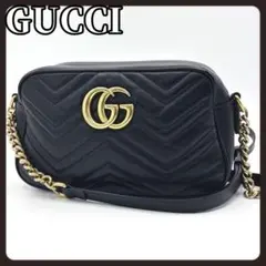 GUCCI　GGマーモント　カメラバッグ　レザー　ブラック　ショルダー ゴールド