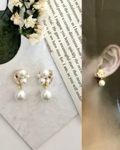 【04】ゆらゆら揺れる　一粒パールの上品ピアス　キラキラ　ビジュー　輝き