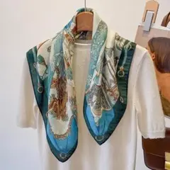 大判スカーフ　ネック•バックスカーフ　ヘアアクセサリー　グリーンブルー.⑫