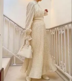 バックリボン ドットロングワンピース