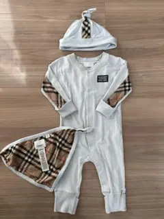 BURBERRY チェック柄 袖付きロンパース スタイ 帽子セット 6M
