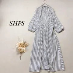 シップス シャツロングワンピース 7分袖 ストライプ ブルー 白 kd165