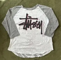 90s OLD Stüssy Mサイズ 七分袖カットソー ホワイト/グレー