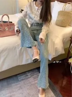 ビジューデニムフレアパンツ[at2310]