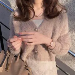 グレイル　ショート丈パールボタンシャギーニットカーディガン　オフベージュ