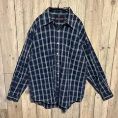 USA 古着 Jansport チェック柄 デニム長袖シャツ L ネイビー