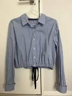ZARA WOMAN クロップドシャツ L 青と白のストライプ