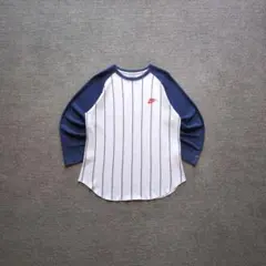 00sNIKE七分袖ラグランTシャツXLストライプワッフル紺白ベースボールT