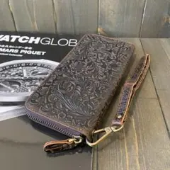 F2■豪華 花和柄 カービング 本革 無双 財布■ラウンドファスナー■コーヒー