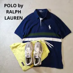 ラルフローレン ビッグポニー 胸刺繍ロゴ ラインボーダー 鹿の子ポロシャツ 青