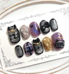 ショートオーバル★222ネイル猫の日猫耳黒猫紫チェック個性的韓国リボンマグネット