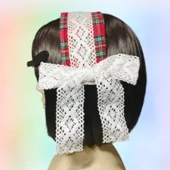 ヘッドドレス チェック レース リボン 赤 白 かわいい ガーリー リボン