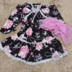 浴衣ドレス 黒とピンク 花柄 フリル付き