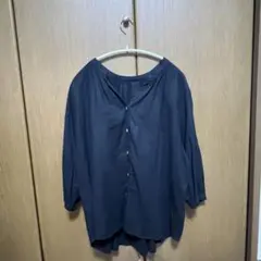 GU リネンブレンドギャザーブラウス(7分袖) ブラック　Mサイズ