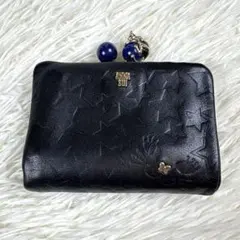 美品、アナスイ、ANNA SUI、ネコ、蝶々、スター柄、二つ折り財布、がま口、黒