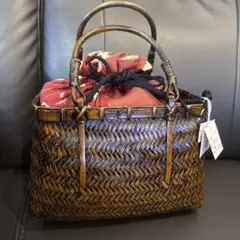 竹籠バッグ 巾着付き 網代編み 和装小物 竹籠バッグ 網代編み 黒 巾着付き 和装 希少品！ - メルカリ
