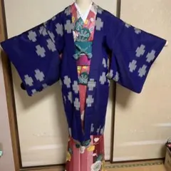 【ビンテージ】銘仙　長羽織　茄子紺十字絣