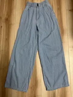 ライトブルー ワイドレッグパンツ ウエストゴム