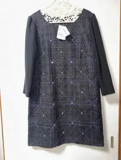 新品タグ付クイーンズコート5サイズ黒ラメ糸入りツイード装飾付き長袖ワンピース