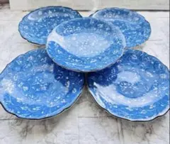 【有田焼】染付 牡丹唐草文様 輪花皿 5客セット 中皿 銘々皿 和食器