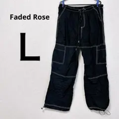 【年末セール開催】Faded Rose ワークパンツ【Ｌ】　ブラック　刺繍入り