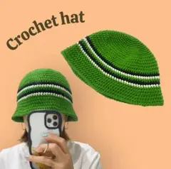 クロシェハット　クラッシャーハット　ビーニー　ハンドメイド　グリーン　男女兼用