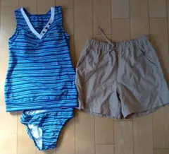 水着3点セット　9号　水色ストライプ　体型カバー