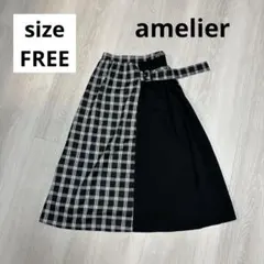 amelier チェック柄ラップ風スカート　黒　ブラック　産後にも◎