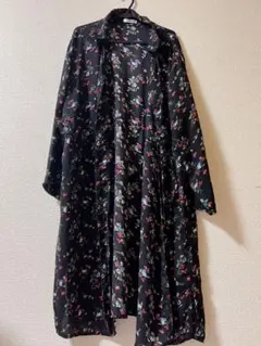 しまむら 花柄 ロングカーディガン ワンピース 2WAY リボン ブラック M