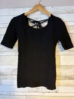 バックレースアップ リブ半袖Tシャツ ブラック Sサイズのサムネイル