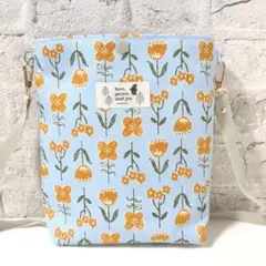 ハンドメイド　サコッシュ　長財布も入る　北欧調　花柄　ナチュラル　水色×オレンジ