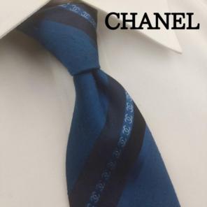 シャネル 高級シルクネクタイ ストライプ柄(ココマーク） ネイビー