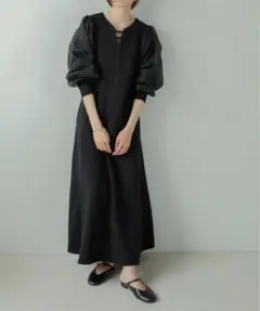 新品 Bab﻿ フレアーライン長袖オーガンジーワンピース ドレス 黒 ボリューム