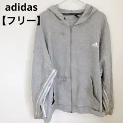 adidas 【フリー】グレー パーカー 秋 ホワイト ライン 大きいサイズ