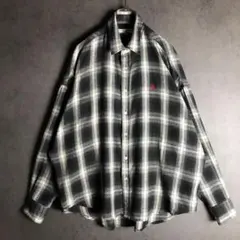 オンブレチェック ネルシャツ 黒白 ロゴ刺繍 ゆるダボ M 長袖 L相当
