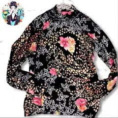 昭和レトロ 花柄 総柄 カットソー M L レーヨン ピンク オレンジ