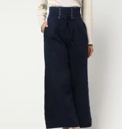 ウエストレースアップ脇スリットワイドデニムパンツ