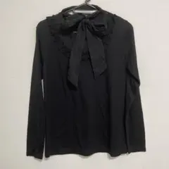 リボン付きフリルネック長袖トップス Lサイズ 黒